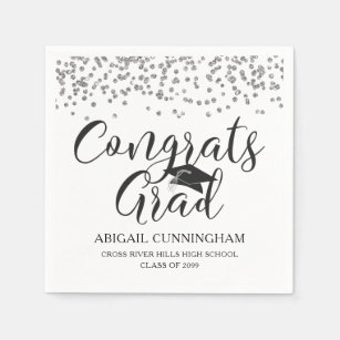 Serviette En Papier Graduation Silver Confetti CONGRATS GRAD Nom