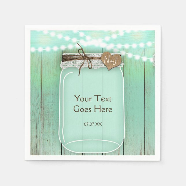 Serviette En Papier Grand Mason Jar & Lumières Mint Rustique Mariage (Devant)