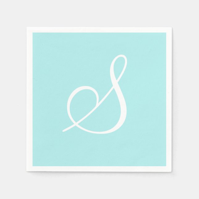 Serviette En Papier Grand monogramme blanc élégant | Pastel Turquoise (Devant)