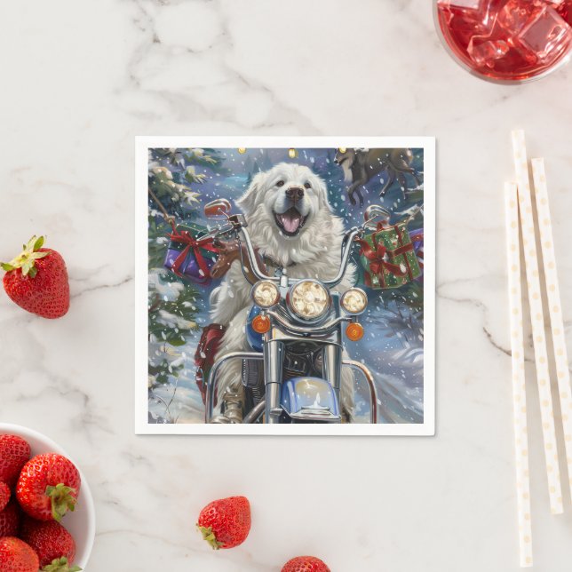 Serviette En Papier Grands Pyrénées Chien à moto Noël (En situation)
