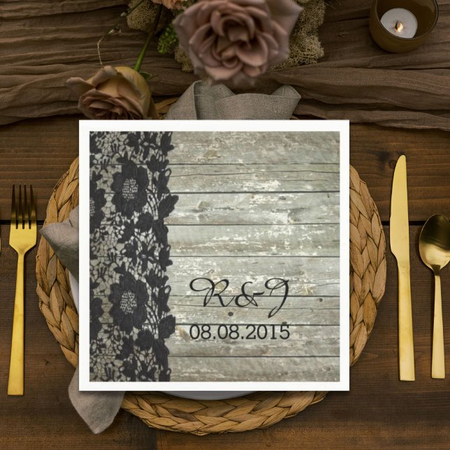 Serviette En Papier grange rustique dentelle mariage campagnard modern (rustic barn wood lace modern country wedding favor paper napkins)