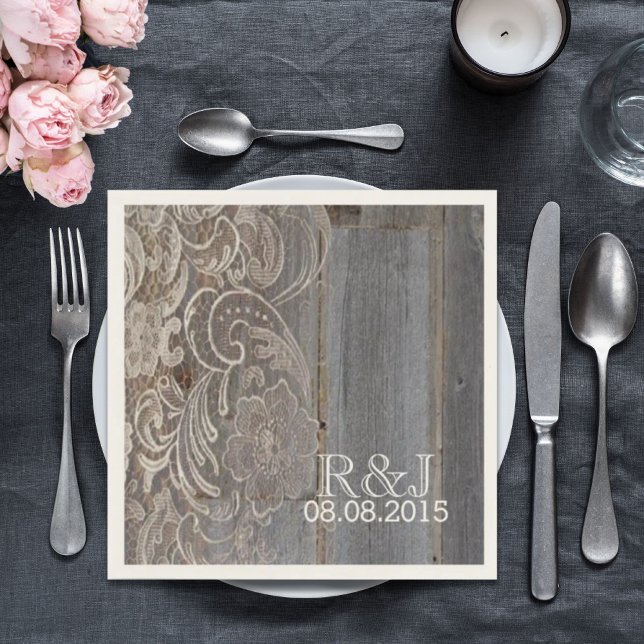 Serviette En Papier grange rustique dentelle mariage campagnard occide (rustic barn wood lace western country wedding paper napkins)