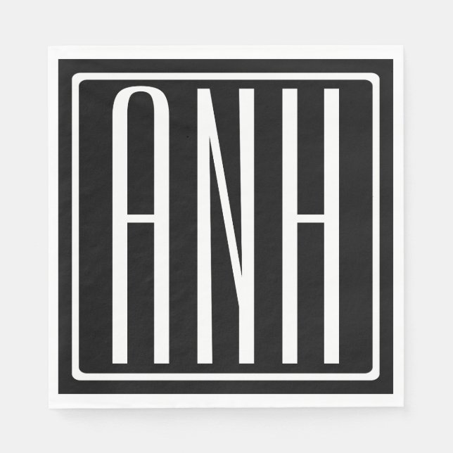 Serviette En Papier Gras moderne 3 initiales Monogramme | Blanc sur no (Devant)