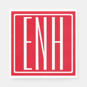 Serviette En Papier Gras moderne 3 initiales Monogramme   Rouge (ou do