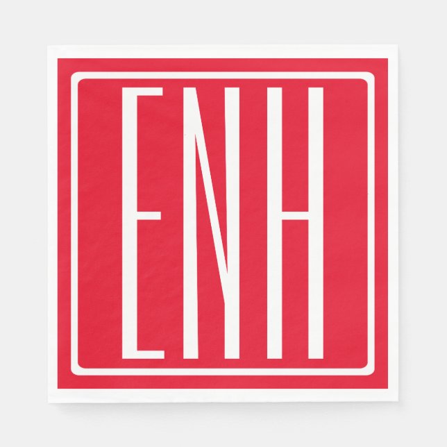 Serviette En Papier Gras moderne 3 initiales Monogramme | Rouge (ou do (Devant)