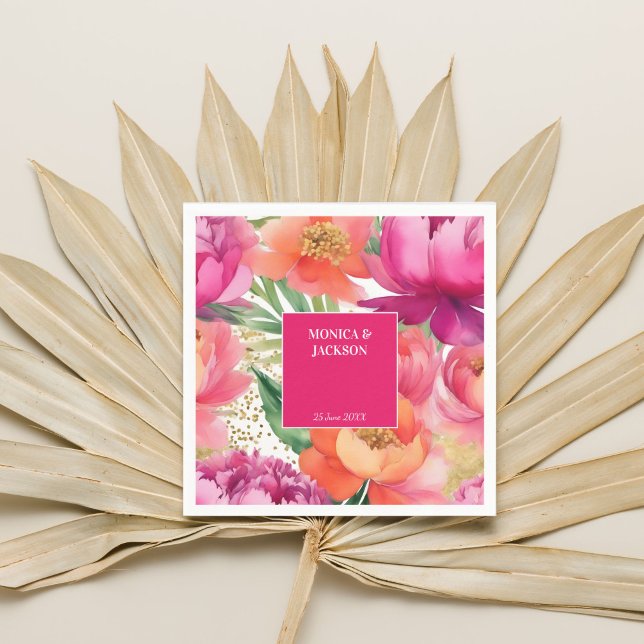 Serviette En Papier Gras rose orange peony élégante table de mariage (Bold pink orange peony elegant wedding personalized tableware template napkins bold vibrant colors)