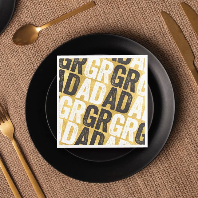 Serviette En Papier Gras typographie GRAD Gold Graduation papier (Black&Gold Bold GRAD Typography Graduation Party Paper Napkins | fatfatin @ zazzle.com/color_therapy)