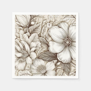 Serviette En Papier Gravure florale botanique sépia vintage sur ivoire