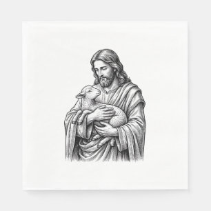 Serviette En Papier Gravure Vintage Berger Tenant un Agneau Vecteur De