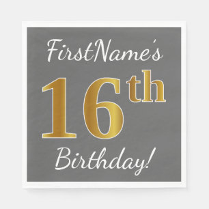 Serviette En Papier Gray, Faux Gold 16e anniversaire + Nom personnalis