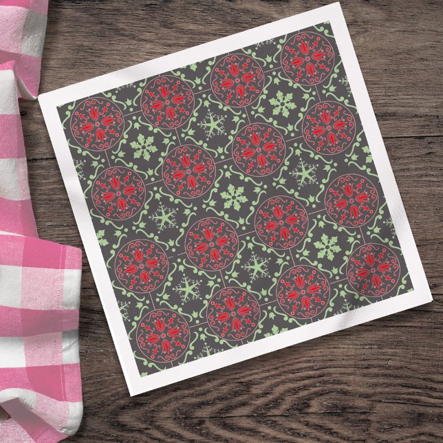 Serviette En Papier Gray Nordic Snowflake hiver Motif Rustique (Charcoal gray Christmas snowflake pattern with red and sage accents.)