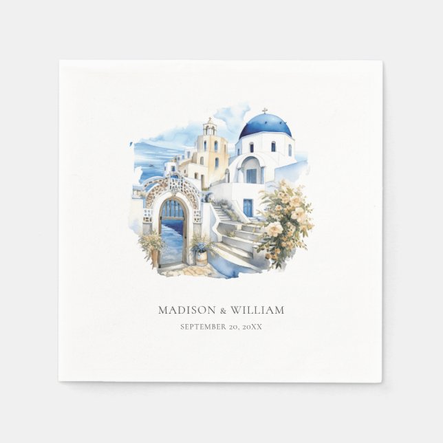 Serviette En Papier Grèce Aquarelle Personnalisée Minimale Mariage (Devant)