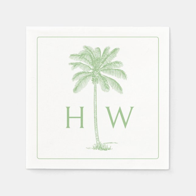 Serviette En Papier Green and White Palm Palmetto Tree Monogram (Devant)