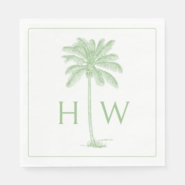 Serviette En Papier Green and White Palm Palmetto Tree Monogram (Devant)