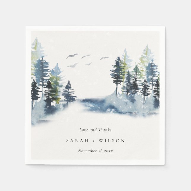 Serviette En Papier Green Blue Pine Woods Forêt Oiseaux Merci Mariage (Devant)