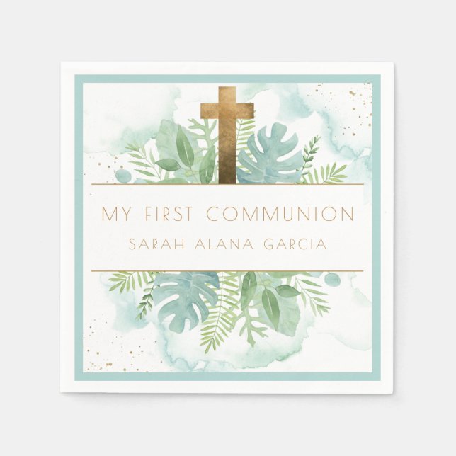 Serviette En Papier Green Boy / Girl First Communion Blue Mint (Devant)