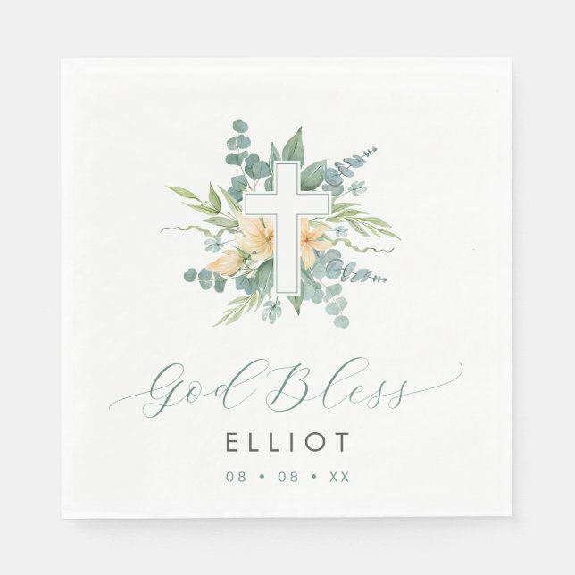 Serviette En Papier Green Eucalyptus Cross Dieu Baptême béni (Devant)