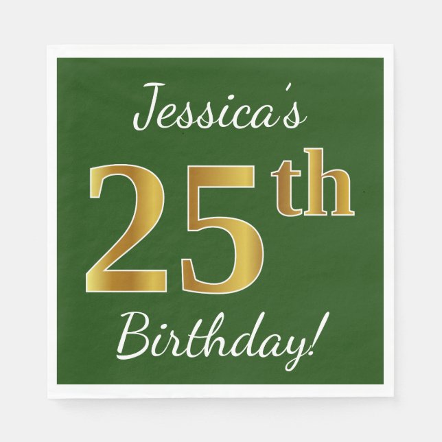 Serviette En Papier Green, Faux Gold 25e anniversaire + Nom personnali (Devant)