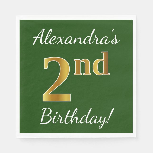 Serviette En Papier Green, Faux Gold 2e anniversaire + Nom personnalis (Devant)