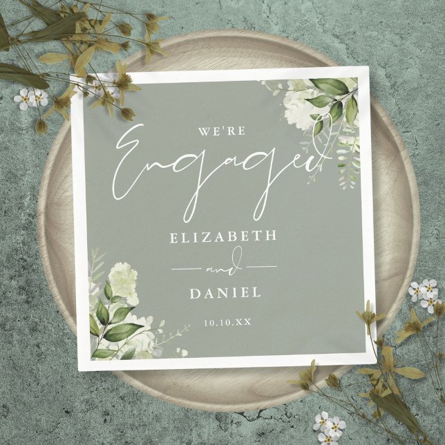 Serviette En Papier Green Floral Sage Green Engagement Party (Greenery Floral Sage Green Engagement Party Napkins)