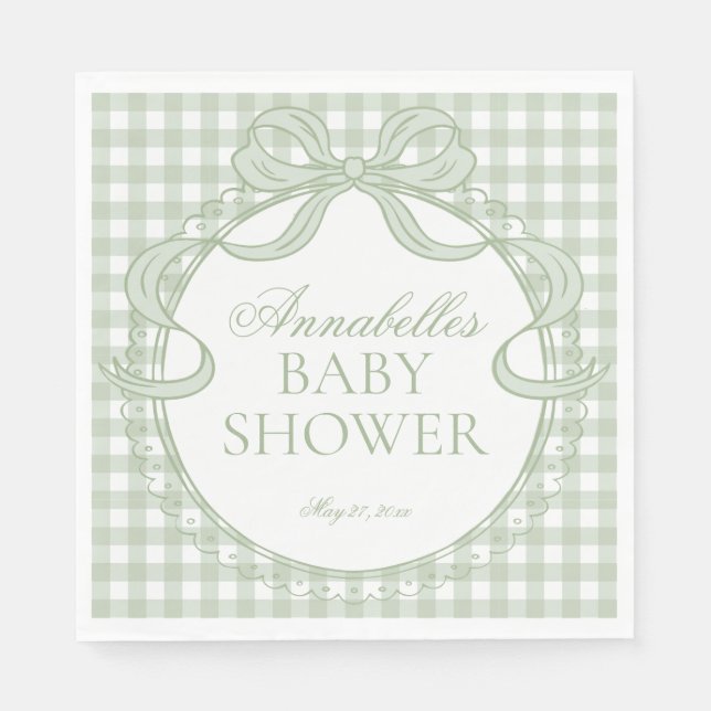 Serviette En Papier Green Gingham Coquette Bow Baby Shower Dessert (Devant)