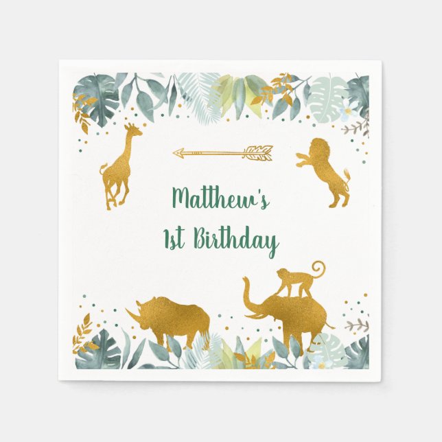 Serviette En Papier Green Gold Safari animal Anniversaire (Devant)