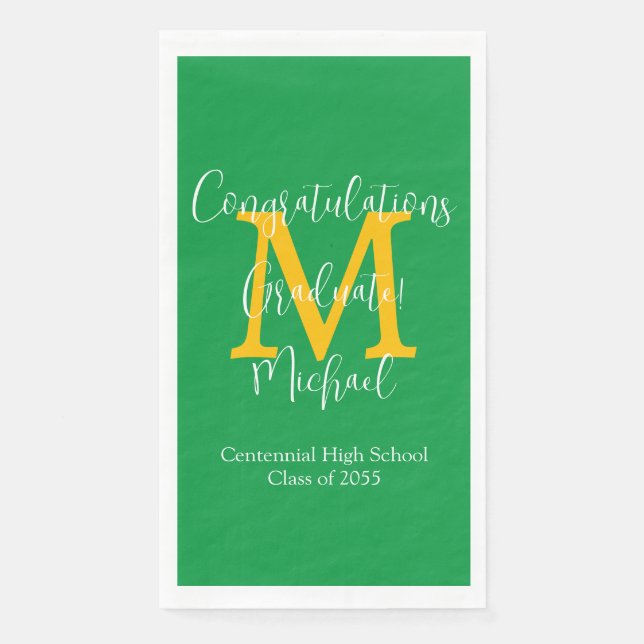 Serviette En Papier Green Gold White Graduation Party Nom Monogramme (Devant)