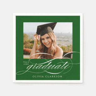 Serviette En Papier Green Modern Élégant Script Photo Graduation Party