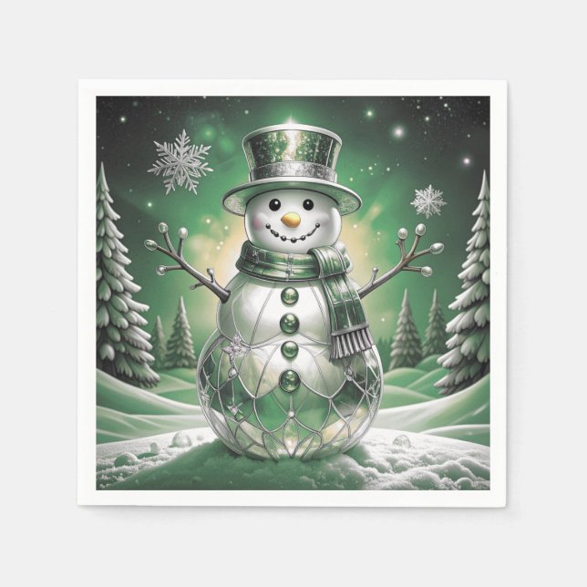 Serviette En Papier Green Snowman Snowflakes Holiday Napkin (Devant)