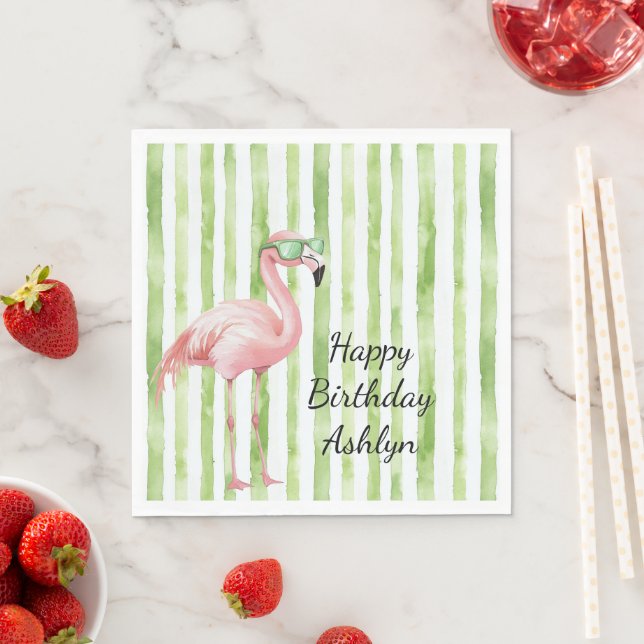 Serviette En Papier Green White Stripes Flamant rose rose Anniversaire (En situation)