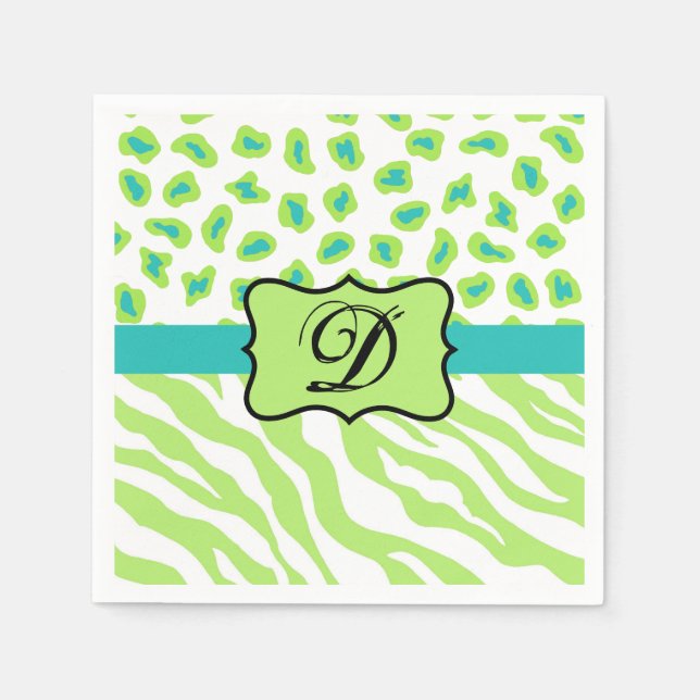 Serviette En Papier Green White Zebra Leopard Skin Monogram (Devant)