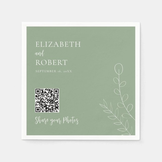 Serviette En Papier Greenery Wedding QR Share Your Photos Sage Green (Devant)