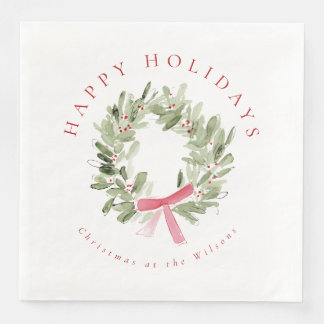 Serviette En Papier Greenery Wreath & Red Bow Holiday