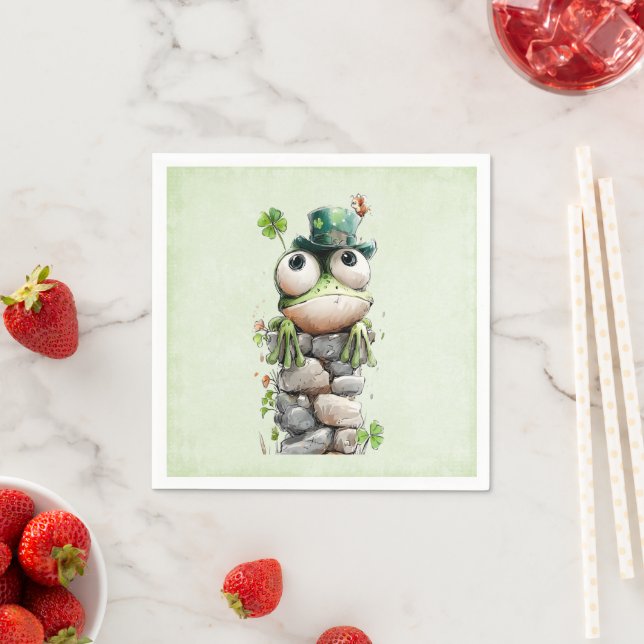 Serviette En Papier Grenouille avec chapeau vert et trèfle mignon (En situation)