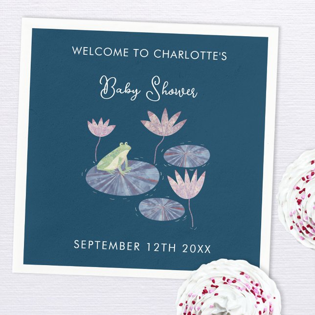 Serviette En Papier Grenouille dans un Baby shower mignon en étang Lil (Cute frog themed baby shower personalized paper party napkins)