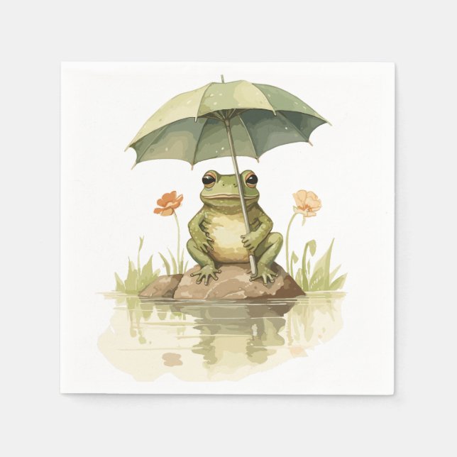 Serviette En Papier Grenouille mignonne avec un parapluie au lac (Devant)