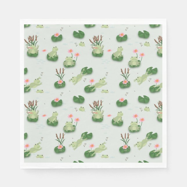Serviette En Papier Grenouilles mignonnes dans un étang de nénuphars (Devant)