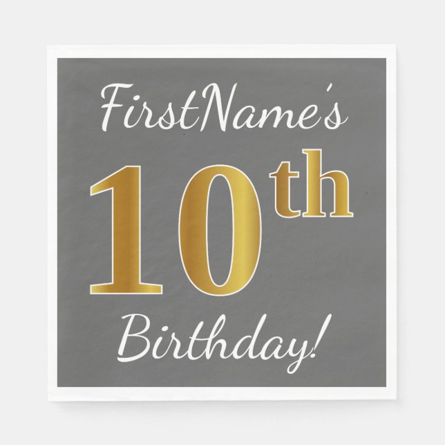 Serviette En Papier Grey, Faux Gold 10e anniversaire + Nom personnalis (Devant)