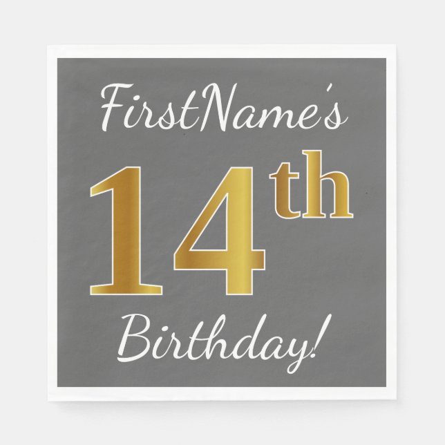 Serviette En Papier Grey, Faux Gold 14e anniversaire + Nom personnalis (Devant)