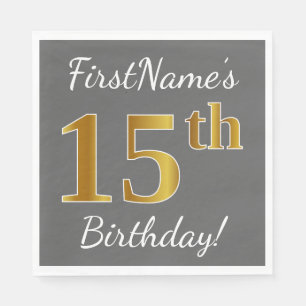 Serviette En Papier Grey, Faux Gold 15e anniversaire + Nom personnalis