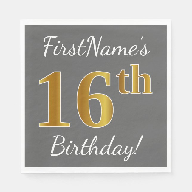 Serviette En Papier Grey, Faux Gold 16e anniversaire + Nom personnalis (Devant)