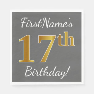 Serviette En Papier Grey, Faux Gold 17e anniversaire + Nom personnalis