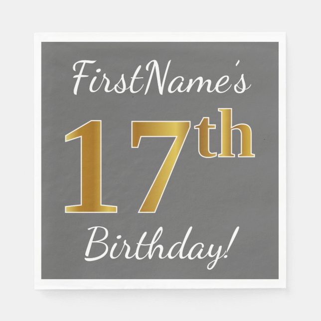 Serviette En Papier Grey, Faux Gold 17e anniversaire + Nom personnalis (Devant)