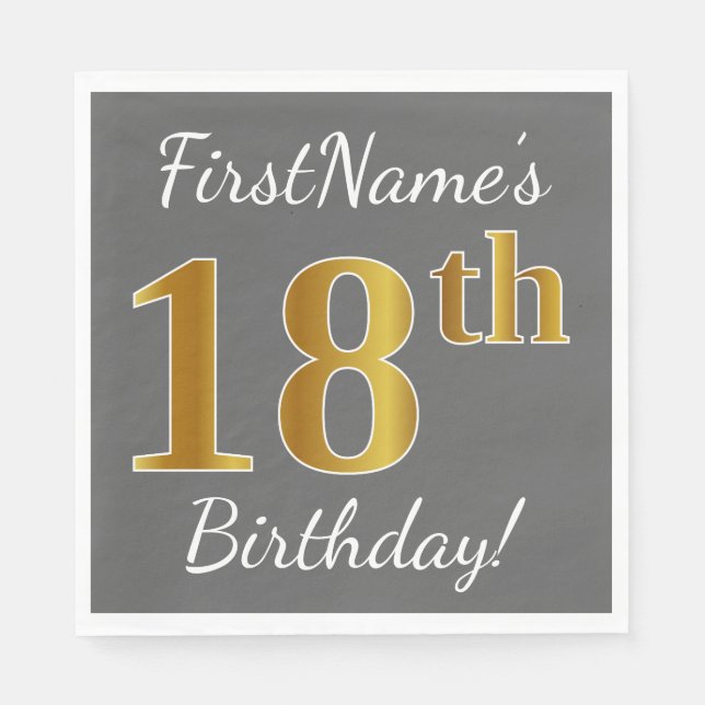 Serviette En Papier Grey, Faux Gold 18e anniversaire + Nom personnalis (Devant)