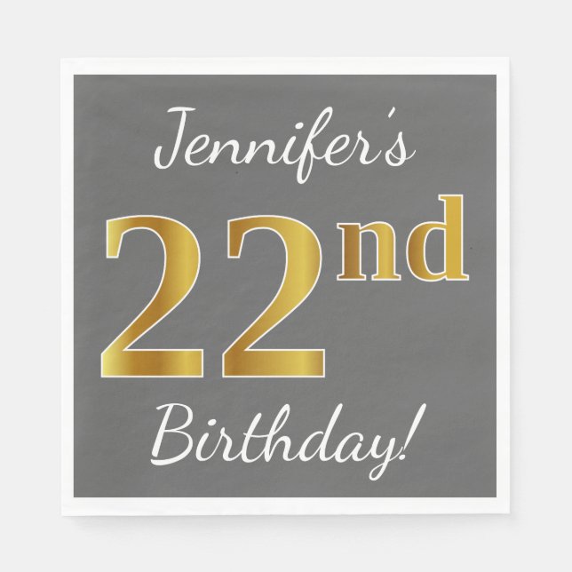 Serviette En Papier Grey, Faux Gold 22e anniversaire + Nom personnalis (Devant)