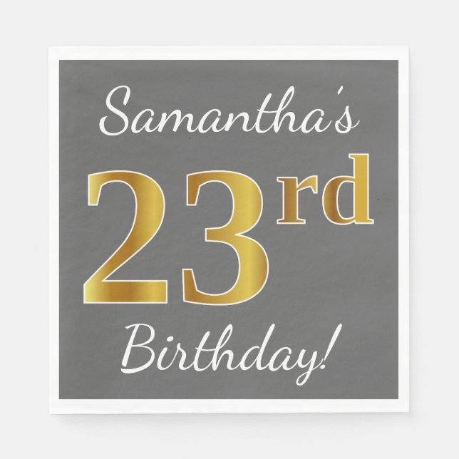 Serviette En Papier Grey, Faux Gold 23e anniversaire + Nom personnalis (Devant)