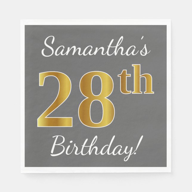 Serviette En Papier Grey, Faux Gold 28e anniversaire + Nom personnalis (Devant)
