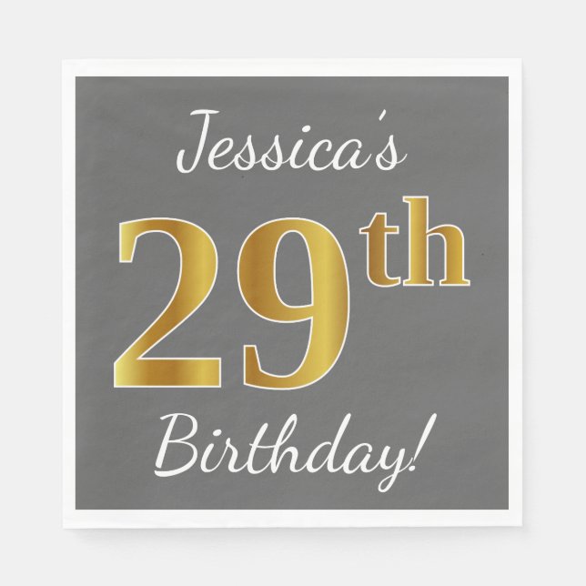 Serviette En Papier Grey, Faux Gold 29e anniversaire + Nom personnalis (Devant)