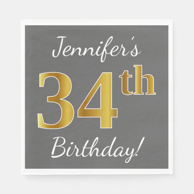 Serviette En Papier Grey, Faux Gold 34e anniversaire + Nom personnalis (Devant)