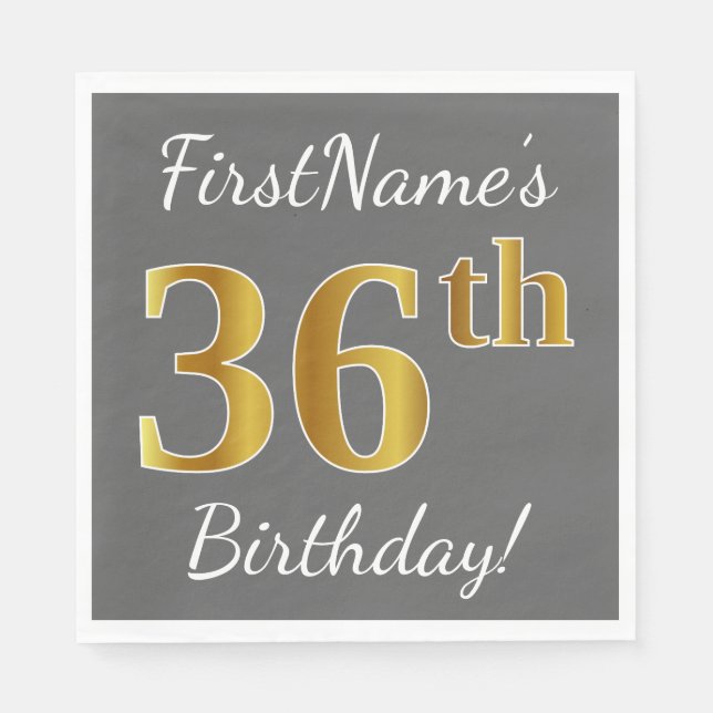 Serviette En Papier Grey, Faux Gold 36e anniversaire + Nom personnalis (Devant)